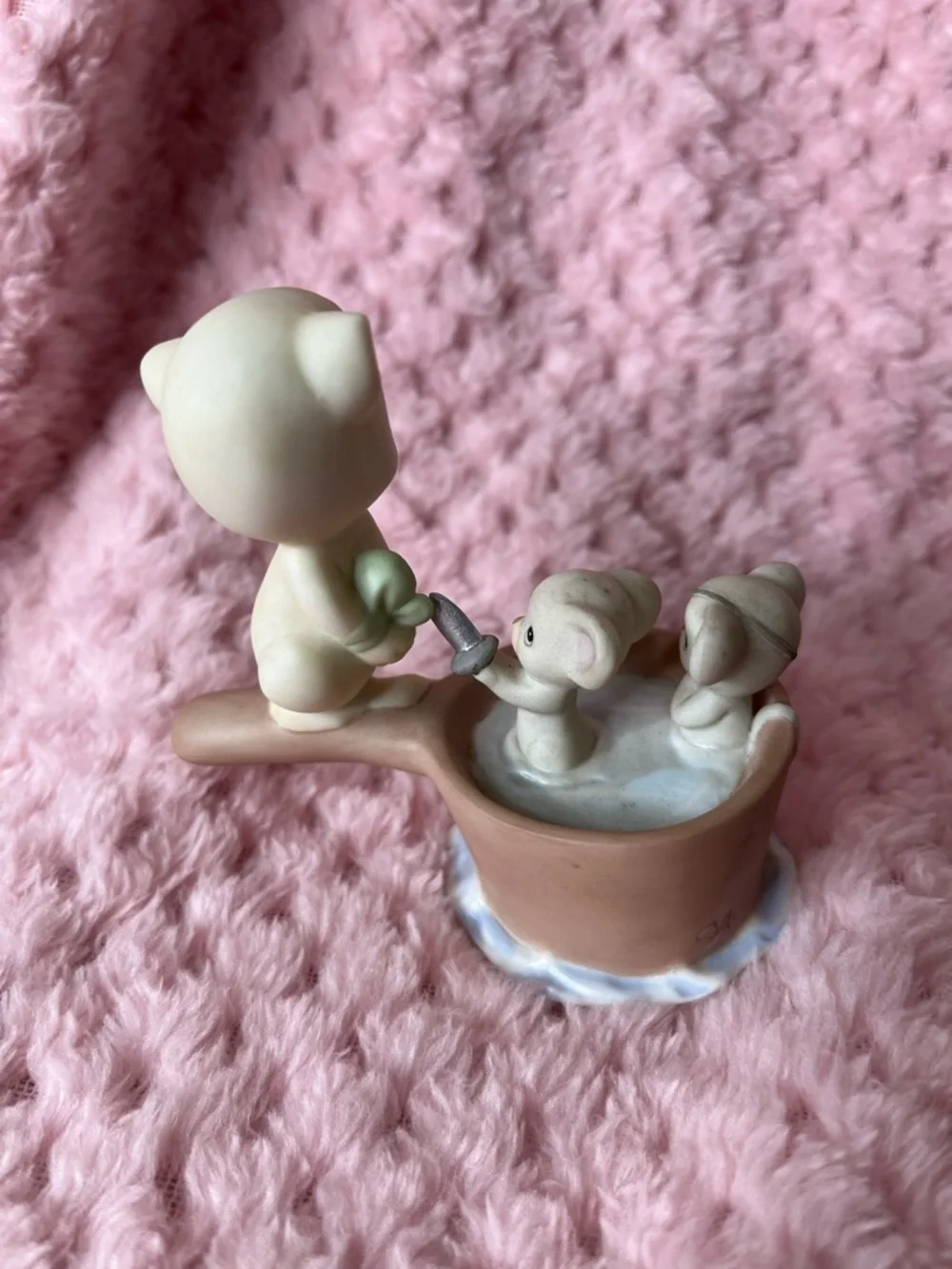 Precious Moments Pink and Cream Cat & Mice Figurine with Teacup